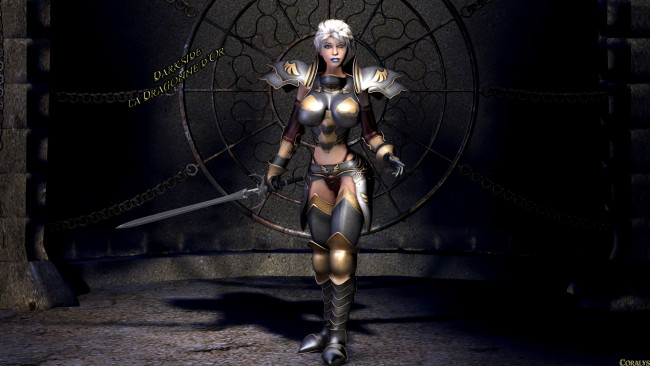 Обои картинки фото 3д графика, фантазия , fantasy, девушка, оружие, фон, взгляд