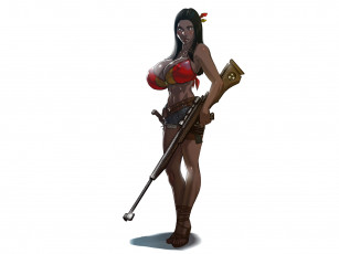 Картинка рисованное люди фон девушка винтовка купальник взгляд