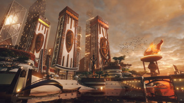 Картинка фэнтези иные+миры +иные+времена город река мост wakongo river птицы