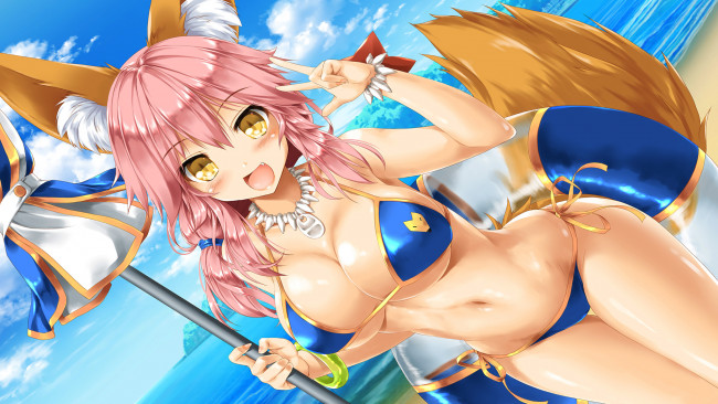 Обои картинки фото аниме, животные,  существа, девушка, взгляд, фон