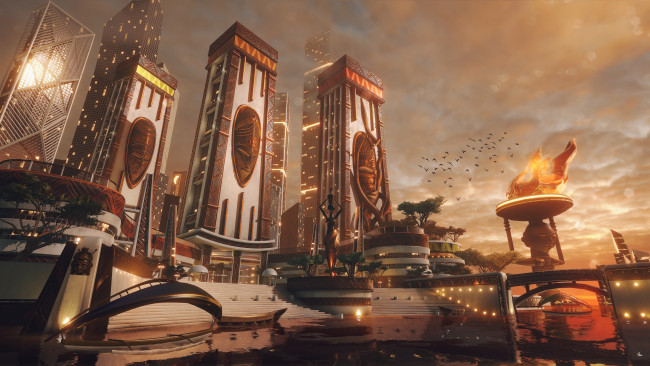 Обои картинки фото фэнтези, иные миры,  иные времена, город, река, мост, wakongo, river, птицы