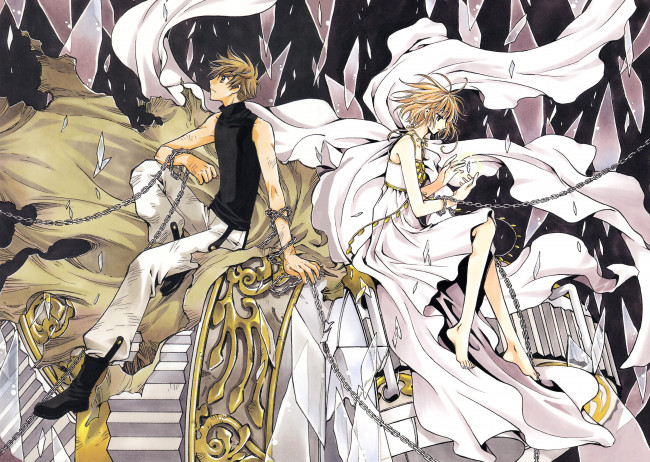 Обои картинки фото аниме, tsubasa reservoir chronicles, стекла, цепи, плащ, девушка, парень