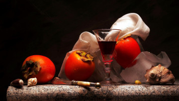 Картинка еда хурма бокал вино ракушки