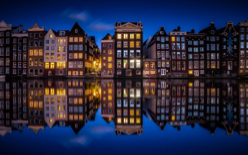 Картинка города амстердам+ нидерланды вечер канал огни