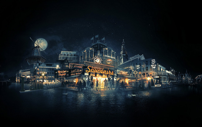 Обои картинки фото города, амстердам , нидерланды, огни, вечер