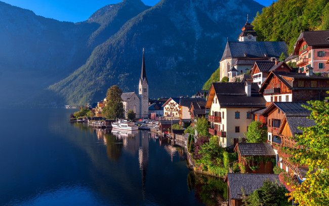 Обои картинки фото города, гальштат , австрия, туман, озеро, горы