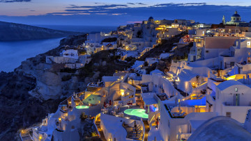 Картинка города санторини+ греция вечер огни панорама