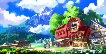 Картинка фэнтези иные+миры +иные+времена люди телега дома горы