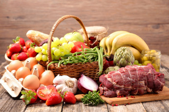 Картинка еда разное мясо яйца артишок бананы клубника чеснок