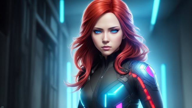 Обои картинки фото cyberpunk 2077, видео игры, future, girl, fantasy, armor, red, hair, art, blue, eyes, digital, black, widow, stable, diffusion, neuronet, ai