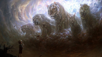 Картинка фэнтези существа мальчик большие кошки тучи настроение