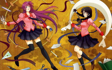 Картинка bakemonogatari аниме senjougahara+hitagi девушка форма инструменты степлер ножницы карандаш ручка нож hanekawa+tsubasa очки косички книга лента