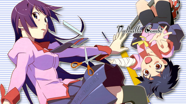 Обои картинки фото bakemonogatari, аниме, kanbaru suruga, девушка, форма, бинт, шорты, senjougahara hitagi, инструменты, степлер, ножницы, карандаш, ручка, нож