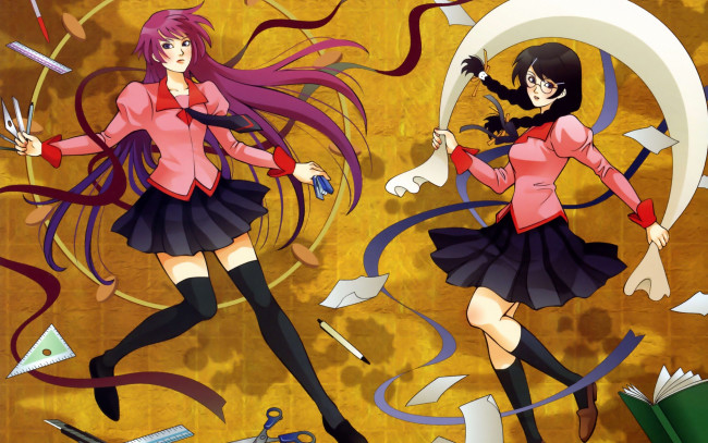 Обои картинки фото bakemonogatari, аниме, senjougahara hitagi, девушка, форма, инструменты, степлер, ножницы, карандаш, ручка, нож, hanekawa tsubasa, очки, косички, книга, лента
