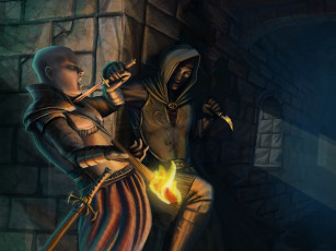 Картинка фэнтези люди убийца ассассин жертва готика факел ножи