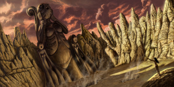 Картинка фэнтези иные+миры +иные+времена молитва горы девушка тотемы статуи ущелье