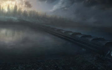 Картинка фэнтези иные+миры +иные+времена небоскребы мегаполис мир иной будущее туннель река