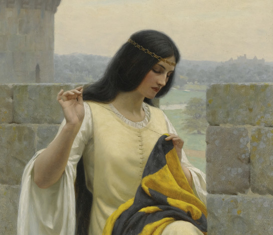 Обои картинки фото edmund blair leighton, рисованные, полотнище, королева, девушка, штандарт, знамя, дева, картина, шитьё, штандарта, средневековье, замок