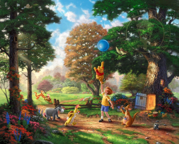 Обои картинки фото рисованные, thomas kinkade, томас, кинкейд, wood, alan, alexander, milne, the, disney, dreams, collection, christopher, robin, winnie-the-pooh, and, all, thomas, kinkade, 50-th, anniversary, винни, пух, и, все-все-все, flowers, trees, алан, александр, милн, уолт, дисней
