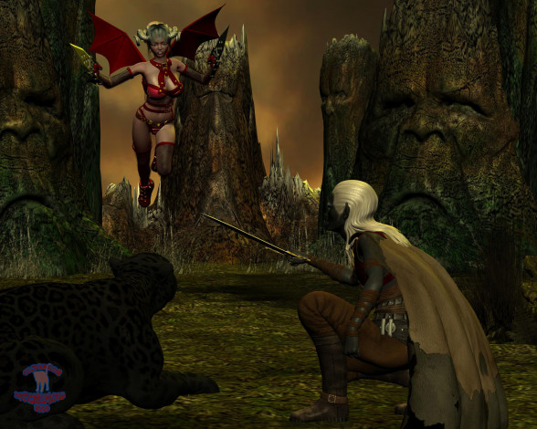 Обои картинки фото 3д графика, fantasy , фантазия, эльфийка, демон, оружие