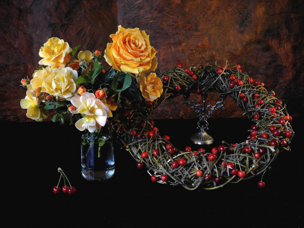 Обои картинки фото цветы, розы, венок, букет