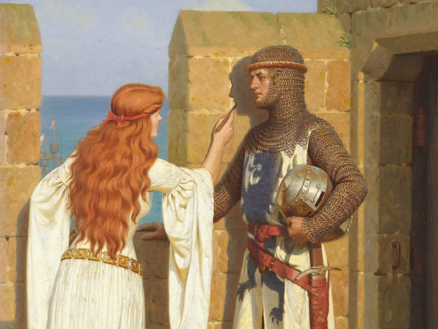 Обои картинки фото edmund blair leighton, рисованные, средневековье, тень, картина, любовь, замок, крепость, стена, дева, рыцарь, доспехи