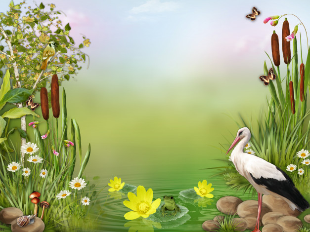 Обои картинки фото разное, компьютерный дизайн, пруд, аист, цветы