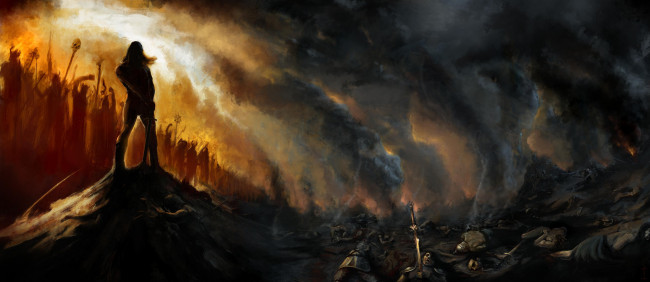 Обои картинки фото фэнтези, люди, демоны, павшие, тела, битва, поле, воин