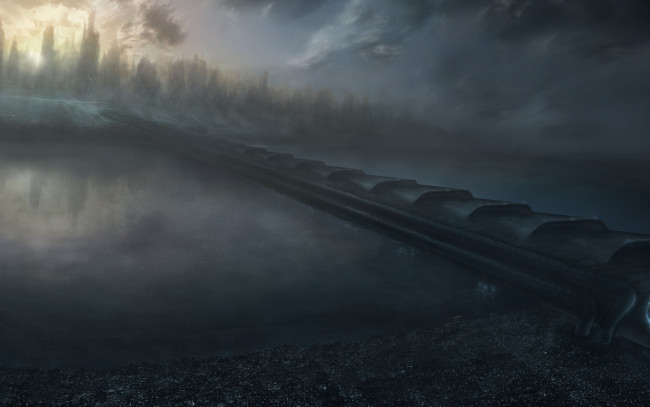 Обои картинки фото фэнтези, иные миры,  иные времена, небоскребы, мегаполис, мир, иной, будущее, туннель, река