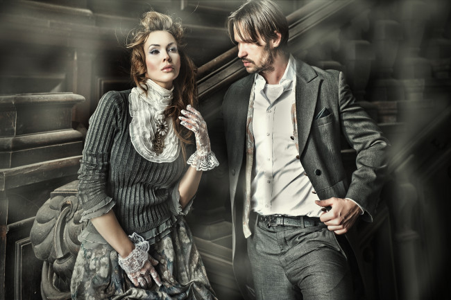 Обои картинки фото разное, мужчина женщина, парень, девушка, костюм, перчатки, щетина