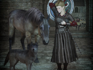 Картинка 3д+графика люди+ people фон взгляд девушка собака лошадь