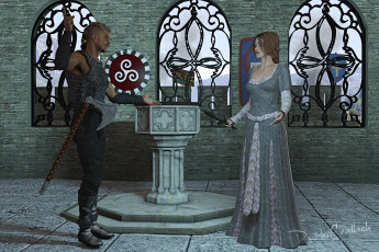 Картинка 3д+графика фантазия+ fantasy взгляд девушка мужчина оружие фон