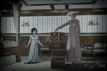 Картинка 3д+графика люди+ people интерьер дочь мать девочка шляпа фон взгляд девушка