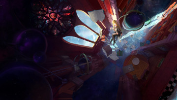 Картинка аниме животные +существа вода стены окно эльф девушка oright замок книги