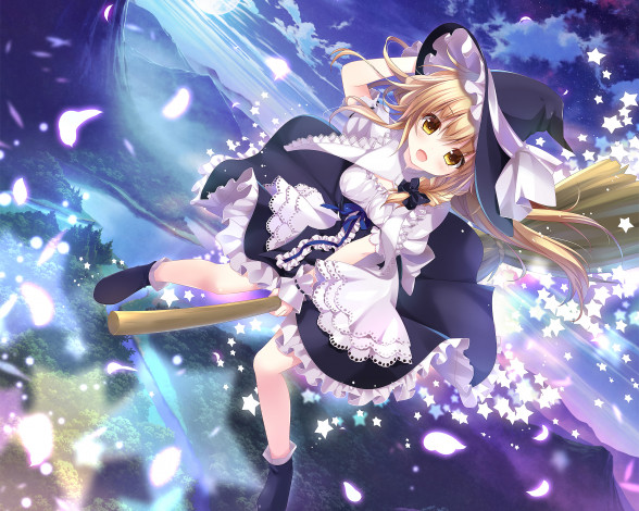 Обои картинки фото аниме, touhou, kino, konomi, пейзаж, небо, шляпа, девочка, арт, метла, kirisame, marisa