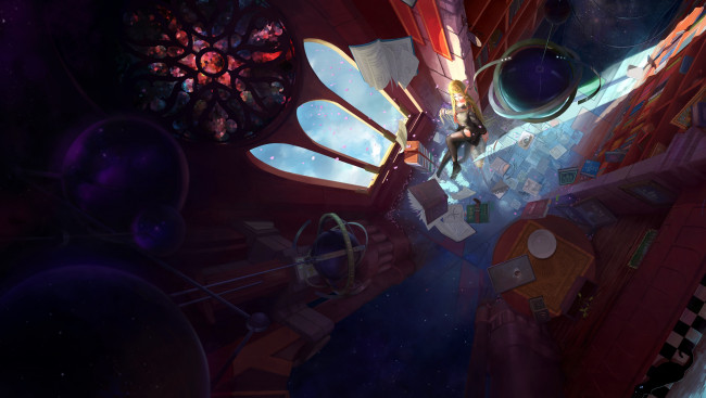 Обои картинки фото аниме, животные,  существа, вода, стены, окно, эльф, девушка, oright, замок, книги