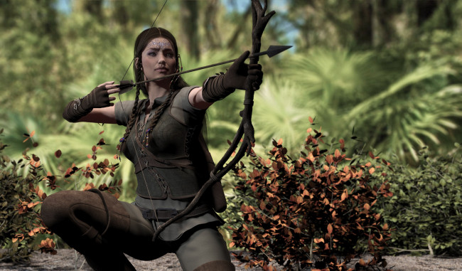 Обои картинки фото 3д графика, амазонки , amazon, девушка, взгляд, фон, лук