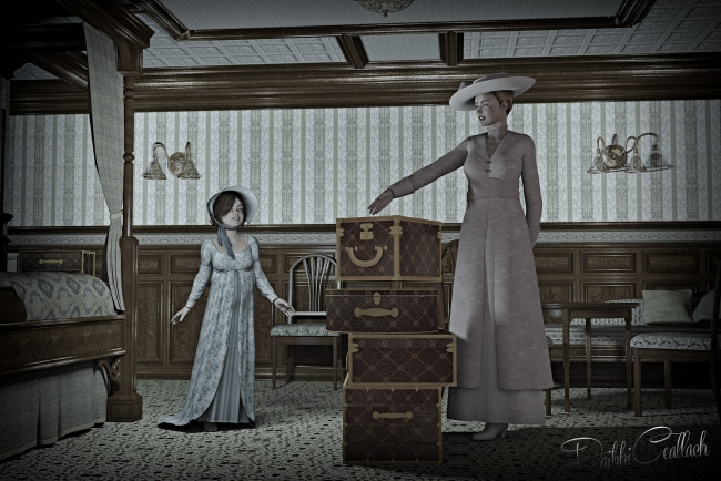 Обои картинки фото 3д графика, люди , people, интерьер, дочь, мать, девочка, шляпа, фон, взгляд, девушка