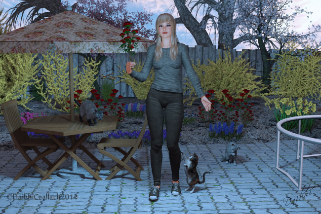 Обои картинки фото 3д графика, люди , people, взгляд, деревья, кошки, стол, розы, фон, девушка