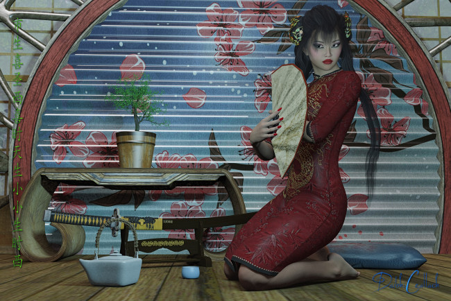 Обои картинки фото 3д графика, люди , people, взгляд, девушка, веер, фон