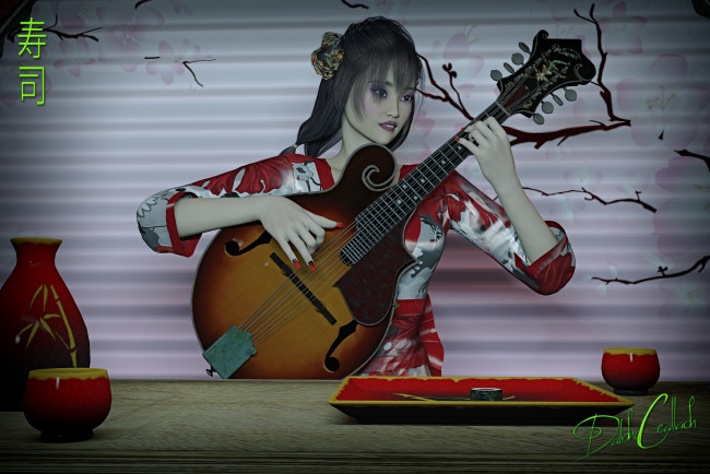 Обои картинки фото 3д графика, люди , people, взгляд, девушка, гитара, фон