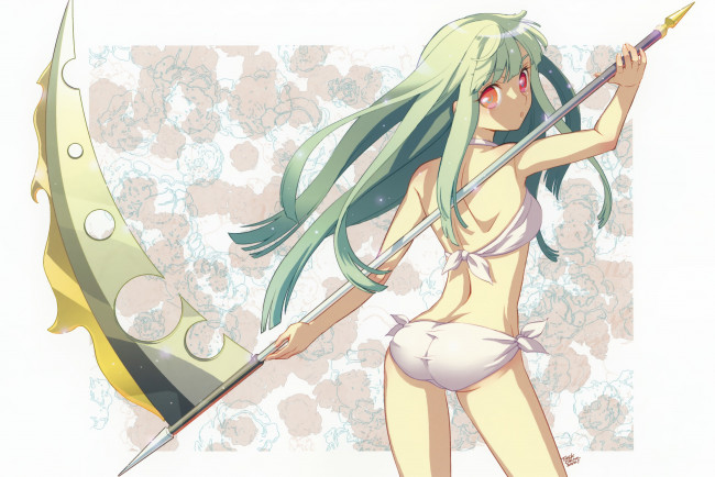 Обои картинки фото аниме, оружие,  техника,  технологии, коса, девушка, арт, купальник