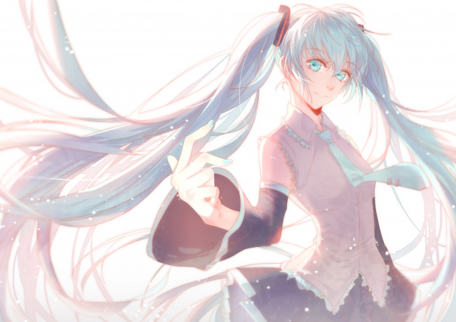 Обои картинки фото аниме, vocaloid, арт, hatsune, miku, взгляд, волосы, девушка