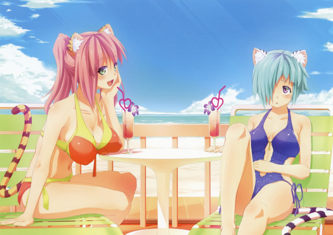 Обои картинки фото аниме, животные,  существа, неко, лето, пляж, девушки, artist, хвосты, ушки