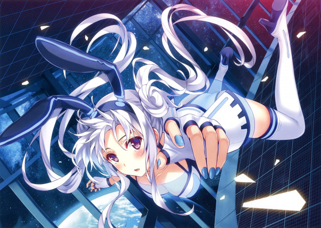Обои картинки фото аниме, unknown,  другое, арт, девушка, mishima, kurone, космос, ушки, осколки, невесомость