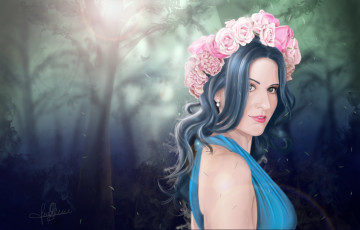 Картинка рисованное люди девушка лес цветы венок арт