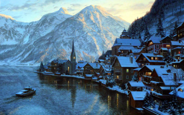 Картинка города гальштат+ австрия снег зима озеро