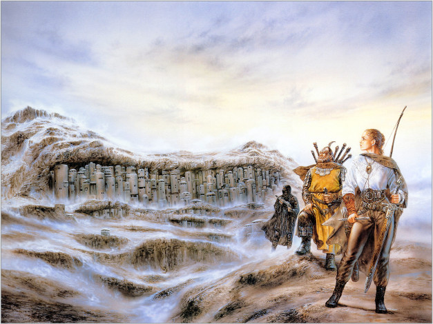 Обои картинки фото фэнтези, _luis royo, скалы, город, отряд