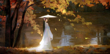 Картинка рисованное люди девушка зонт осень озеро