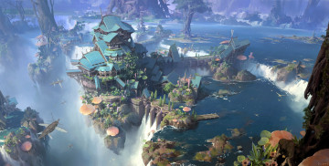 Картинка фэнтези иные+миры +иные+времена город водопад скалы деревья